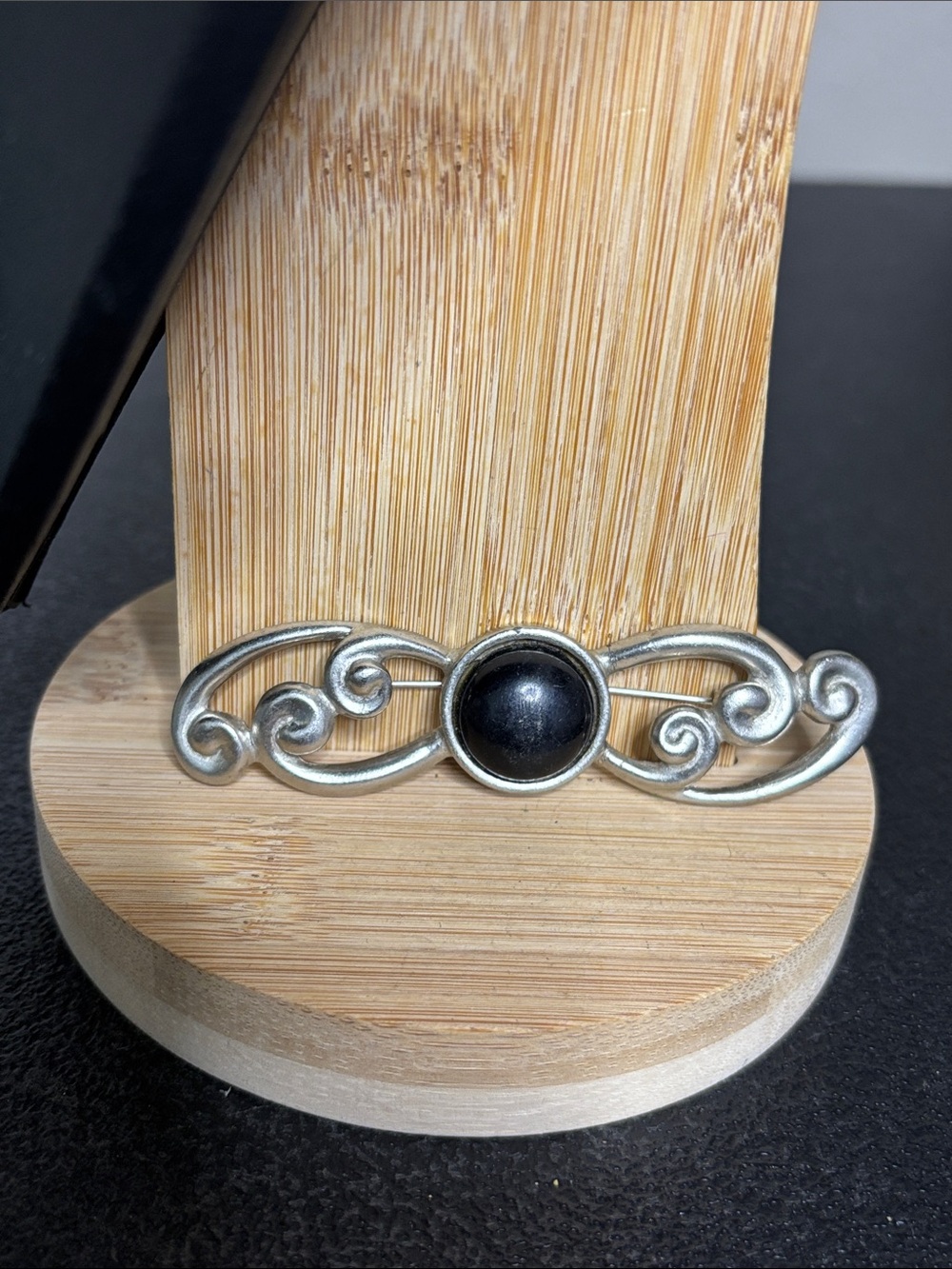 Vintage Silver-Tone Scroll Brooch Black Center